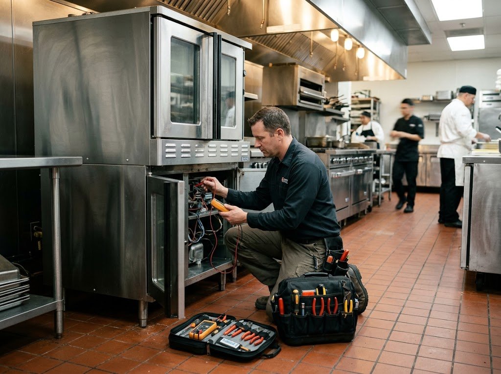 Commercial stainless steel kitchen equipment in restaurant